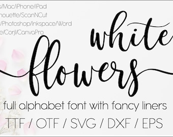 White flowers digital swirly font with tails, download designer calligraphy font, svg font Procreate font