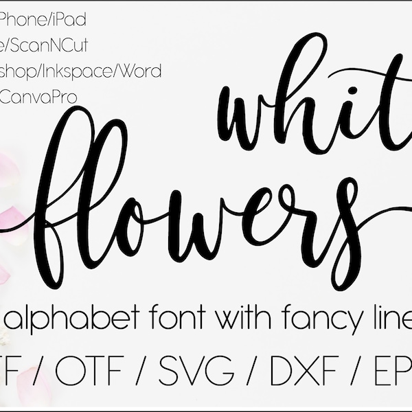 White flowers digital swirly font with tails, download designer calligraphy font, svg font Procreate font