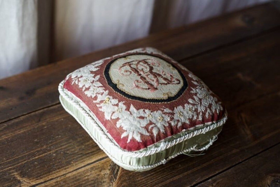 Old Antique Seamstress Pin Cushion With Flower and Monogram Embroidery