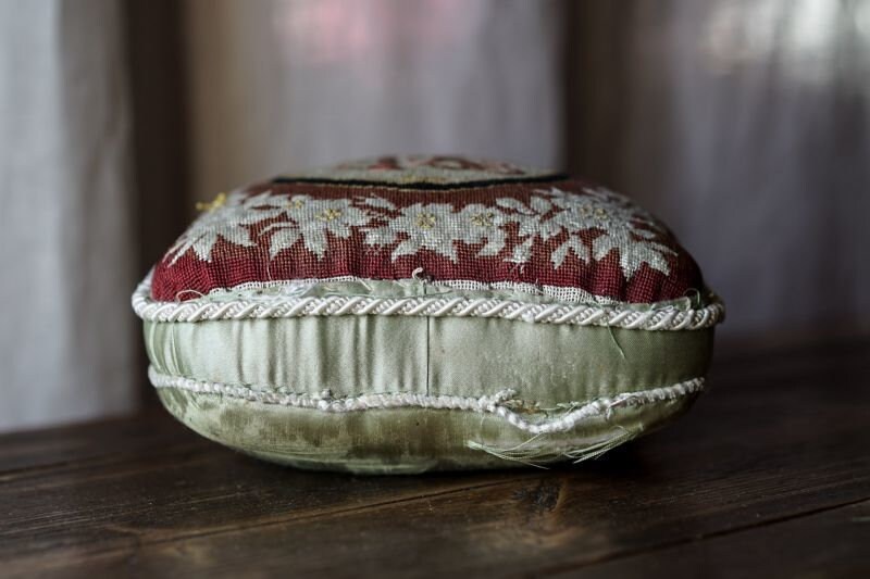 Old Antique Seamstress Pin Cushion With Flower and Monogram Embroidery