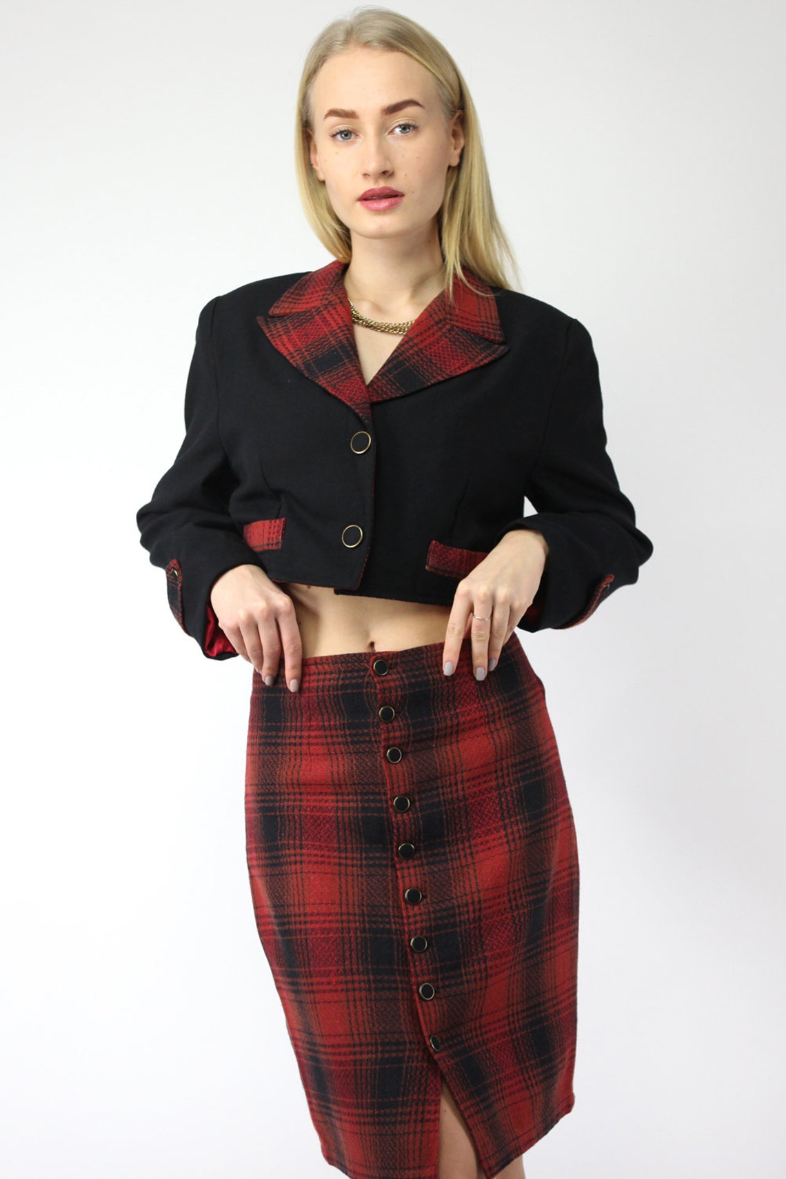 Vintage 90's Casual Set Crop Blazer Crayon Jupe Check Wool