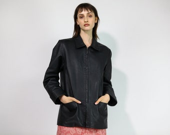 Vintage Y2K Premium Leather Jacket in Black Medium Full Zip