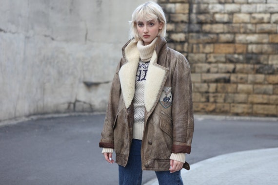 Vintage 90's Aviator Shearling Leather Jacket in B