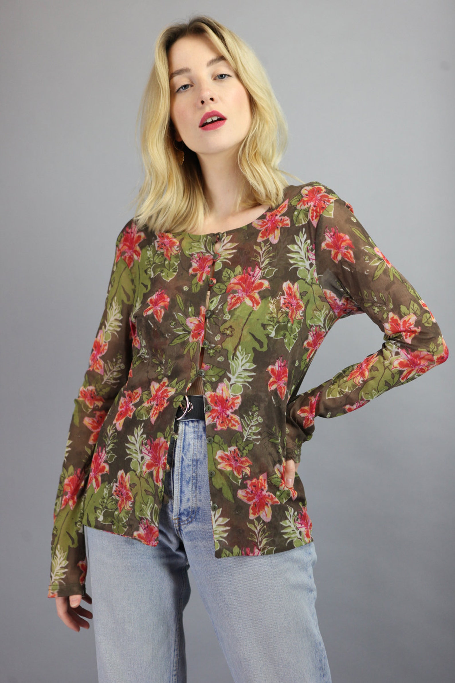 Vintage 90' Floral Pattern Sheer Blouse Multi size M Etsy