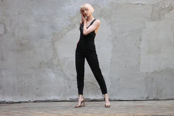 Vintage Evening Suede Leather Jumpsuit in Black