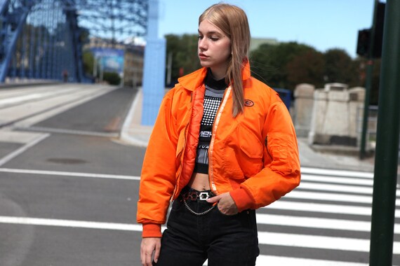 Y2K Rave Techno Bomber Jacket in Neon Orange