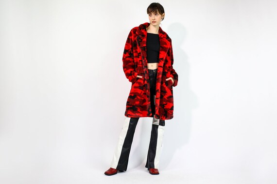 Neo Noir Camouflage Pattern Soft Faux Fur Coat in Red Etsy
