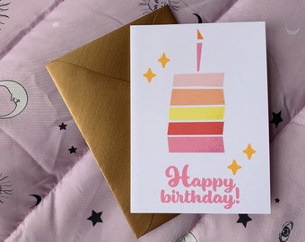 Cake Birthday Card / A6 pink and yellow birthday cake retro style happy birthday greetings card