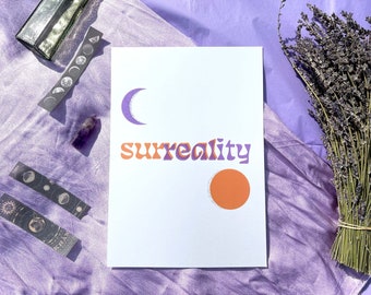 Surreal Reality / Aesthetic Wall Art Print / Purple and Orange Sun and Moon / Pearlescent Finish / A4