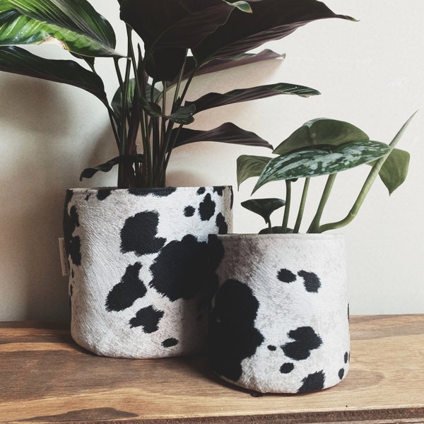 Cow Print Planter Cover / Planter Bag / Storage Basket / Cache Pot / Cow Hide Faux Fur / Canvas Storage