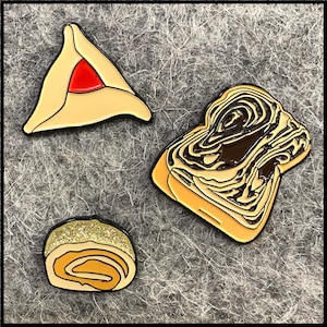 Jewish Pastry 3-Pin Set (Babka, Rugelach, and Hamentasch enamel pins)