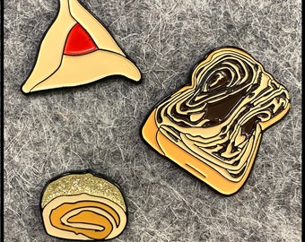 Jewish Pastry 3-Pin Set (Babka, Rugelach, and Hamentasch enamel pins)