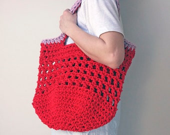 net shopper bag, large red bag, eco tote bag, summer holiday bag, rope shoulder bag, beach bag, knitted market bag, string style shopper