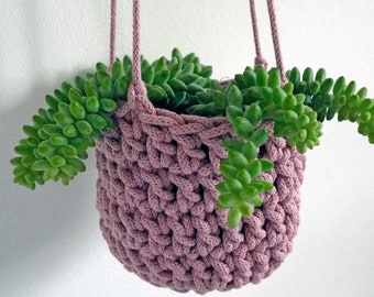 rope hanging planter, houseplant pot holder, wall hung planter, ceiling hung hanging basket, dusty pink, eco hanging planter, modern crochet