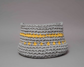 Small storage basket, grey and yellow crochet basket, bathroom storage, nursery storage, toy storage, bedroom storage, easter basket, eco