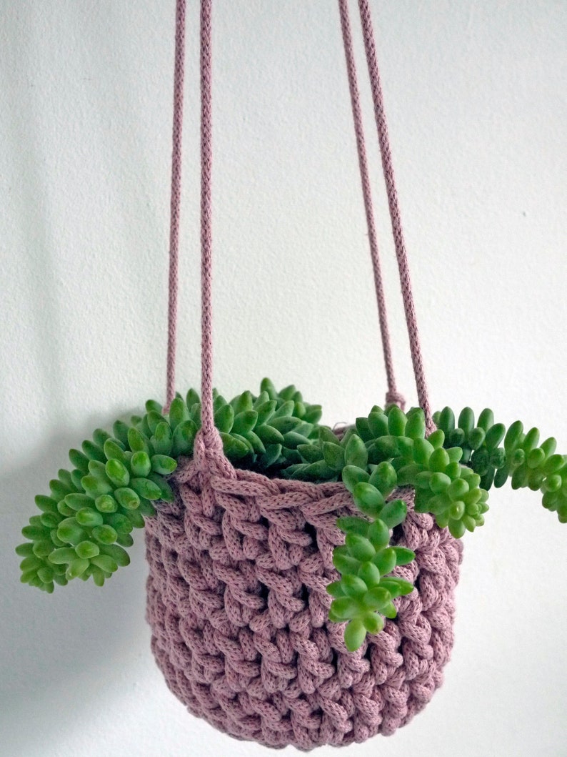 rope hanging planter, houseplant pot holder, wall hung planter, ceiling hung hanging basket, dusty pink, eco hanging planter, modern crochet image 1