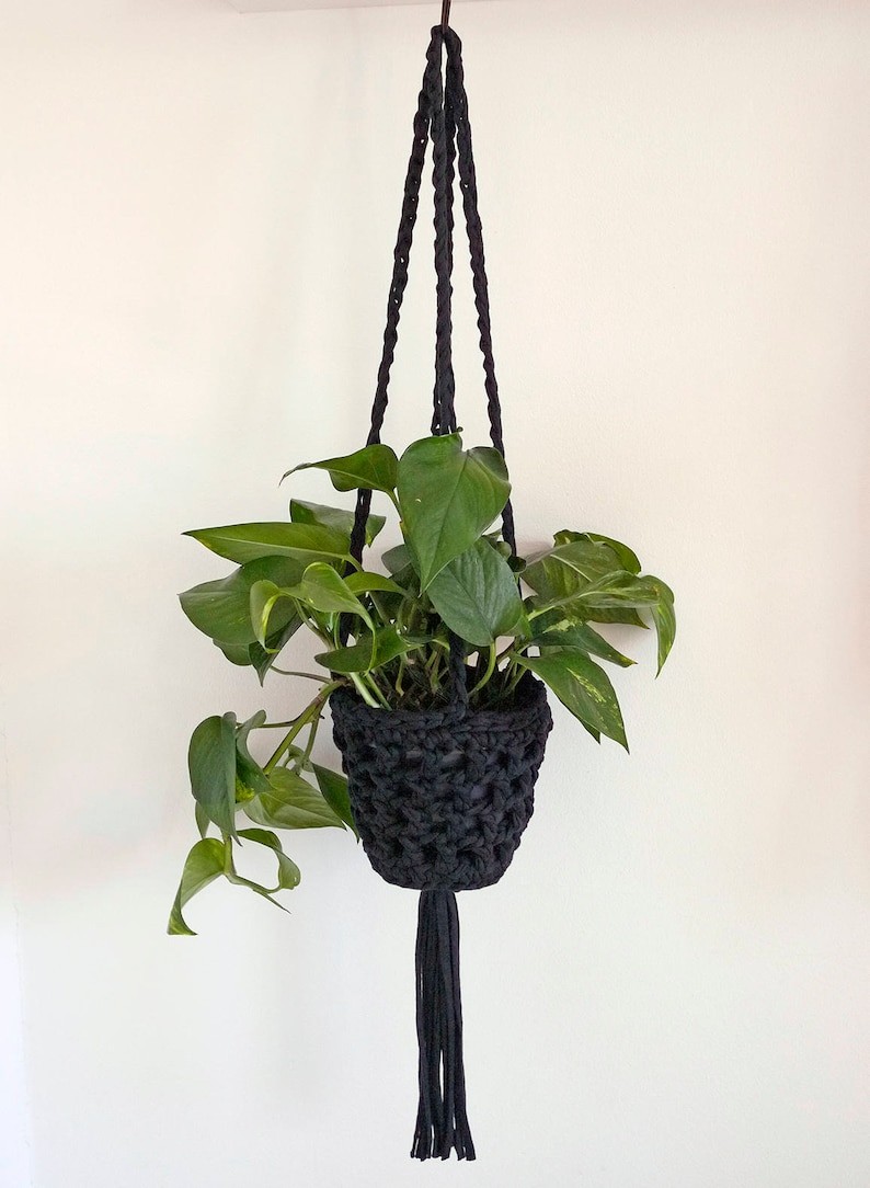 Black hanging planter, crochet plant hanger, monochrome decor, Indoor planter, plant holder, hanging basket, eco homewares, houseplants image 1