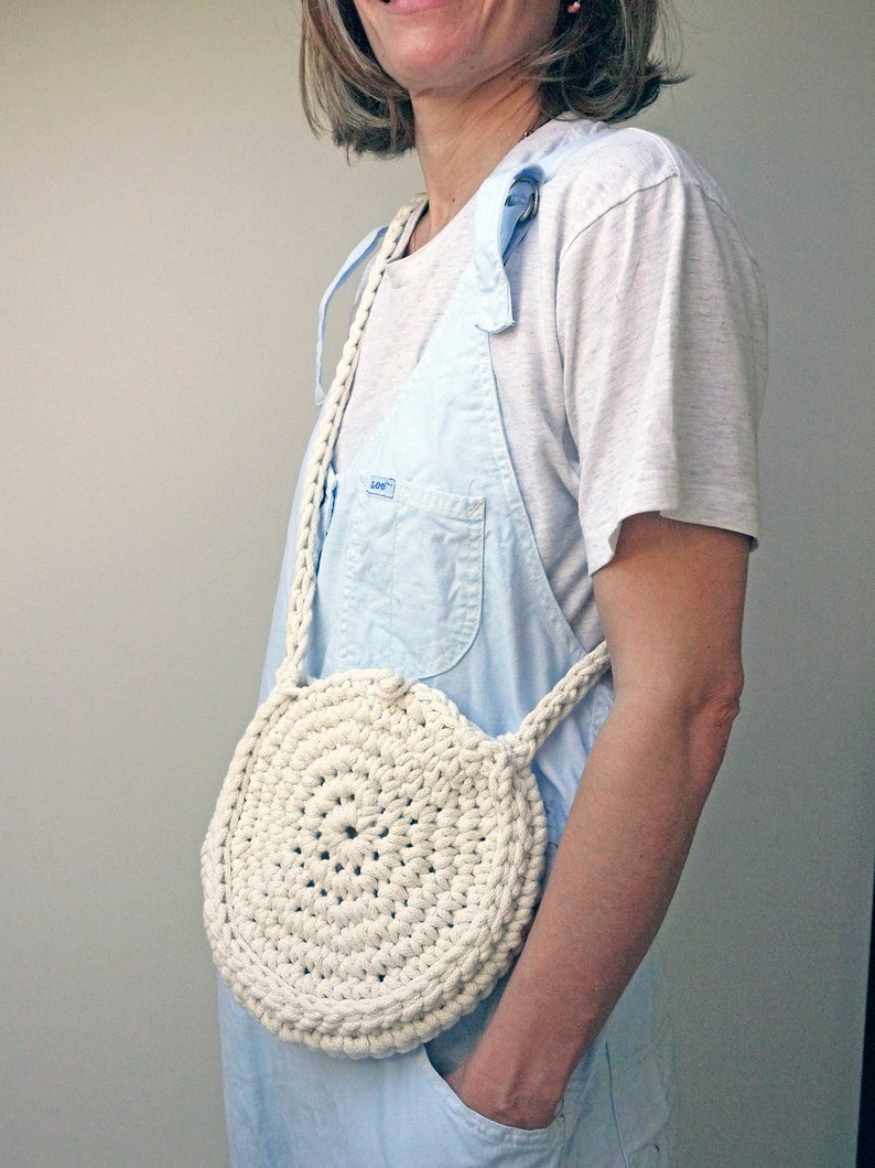 circle rope bag, natural colour bag, summer bag, cross body purse, eco handbag, small shoulder bag, woven round bag, crochet textile bag image 1