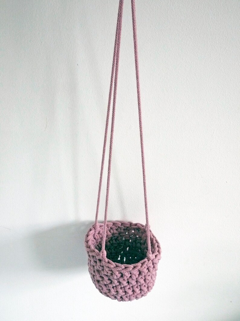 rope hanging planter, houseplant pot holder, wall hung planter, ceiling hung hanging basket, dusty pink, eco hanging planter, modern crochet image 5