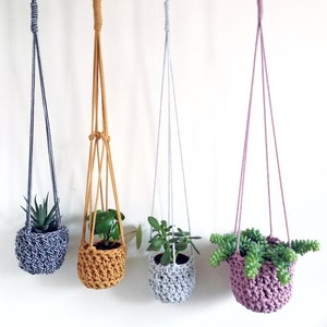 rope hanging planter, houseplant pot holder, wall hung planter, ceiling hung hanging basket, dusty pink, eco hanging planter, modern crochet image 6