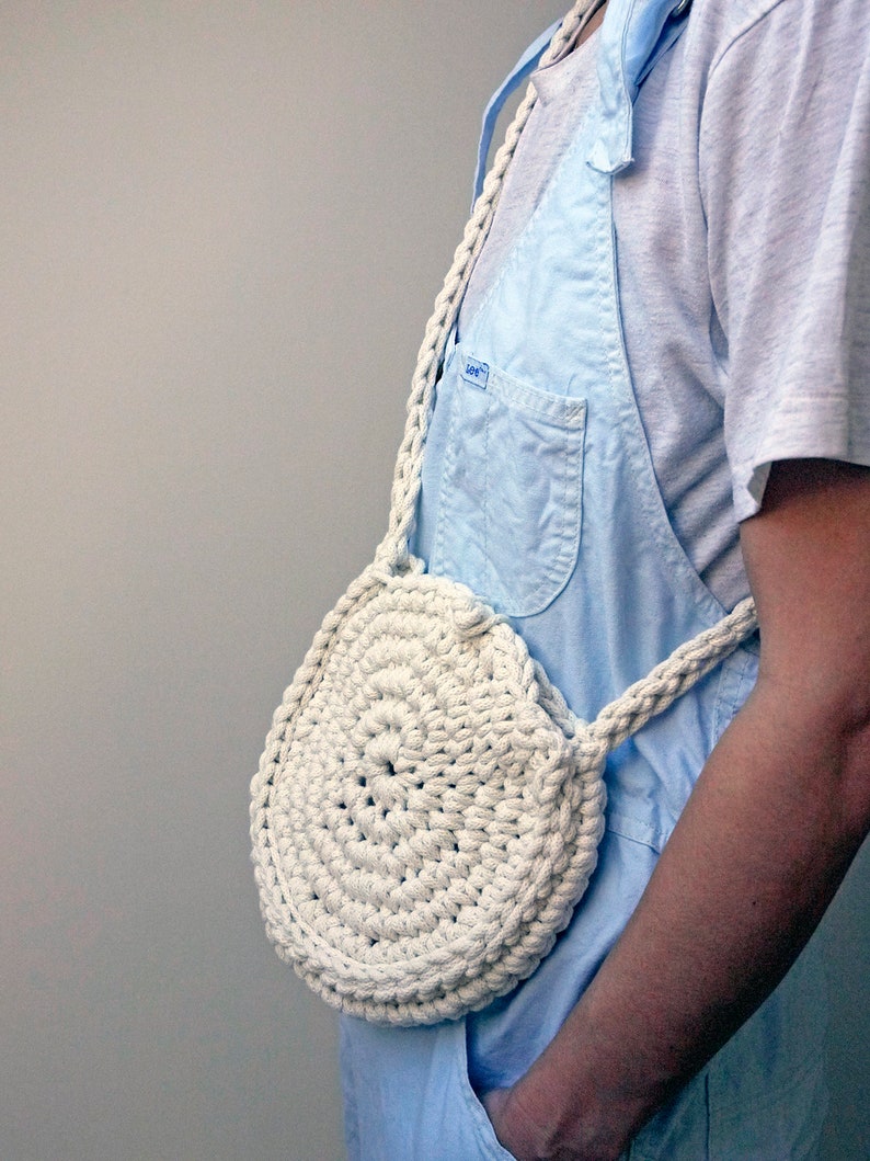 circle rope bag, natural colour bag, summer bag, cross body purse, eco handbag, small shoulder bag, woven round bag, crochet textile bag image 2