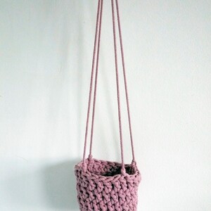 rope hanging planter, houseplant pot holder, wall hung planter, ceiling hung hanging basket, dusty pink, eco hanging planter, modern crochet image 4