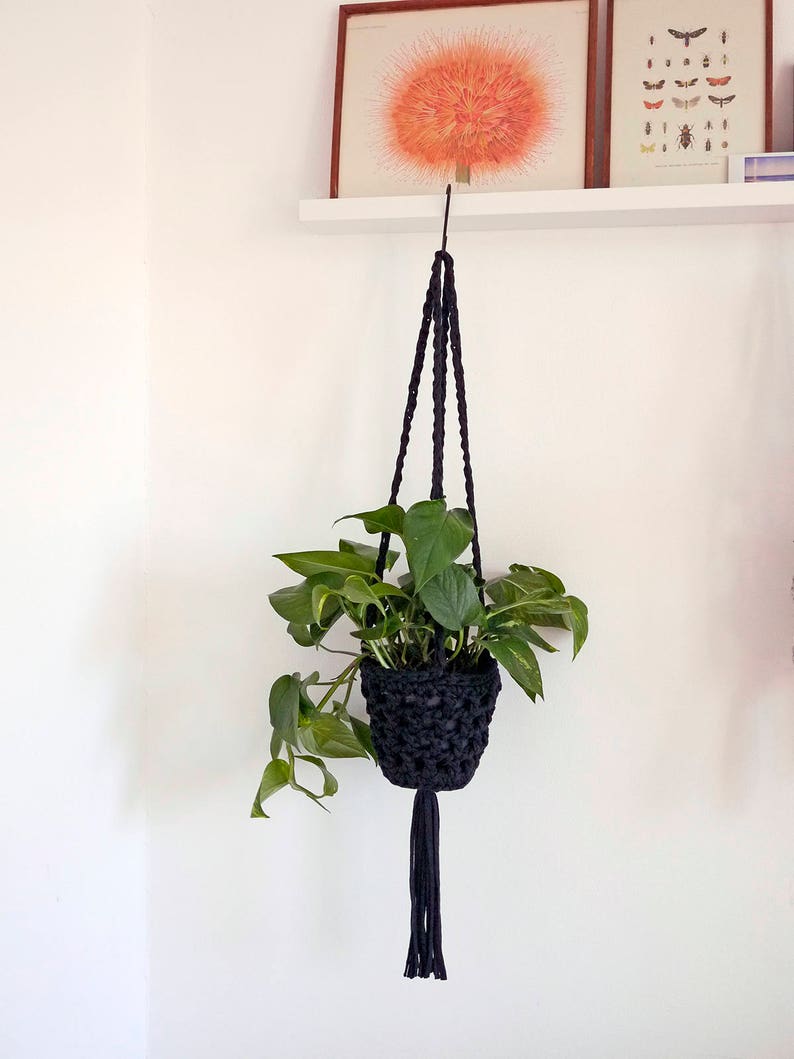 Black hanging planter, crochet plant hanger, monochrome decor, Indoor planter, plant holder, hanging basket, eco homewares, houseplants image 2