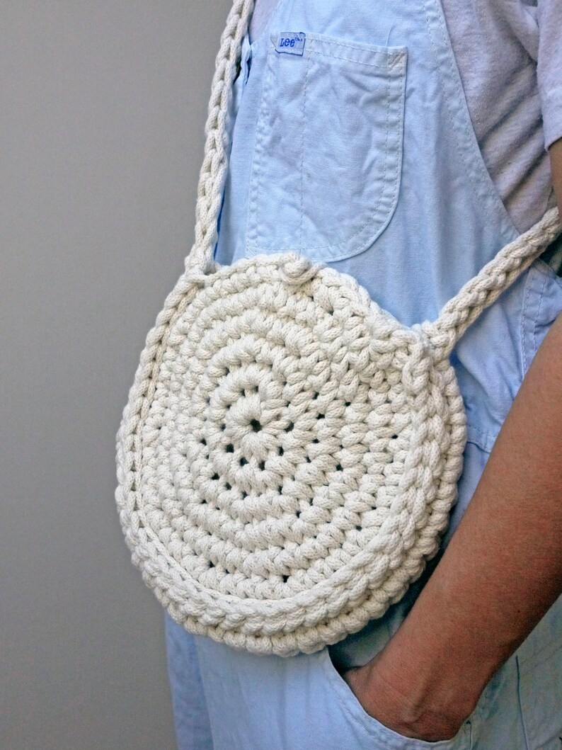 circle rope bag, natural colour bag, summer bag, cross body purse, eco handbag, small shoulder bag, woven round bag, crochet textile bag image 3