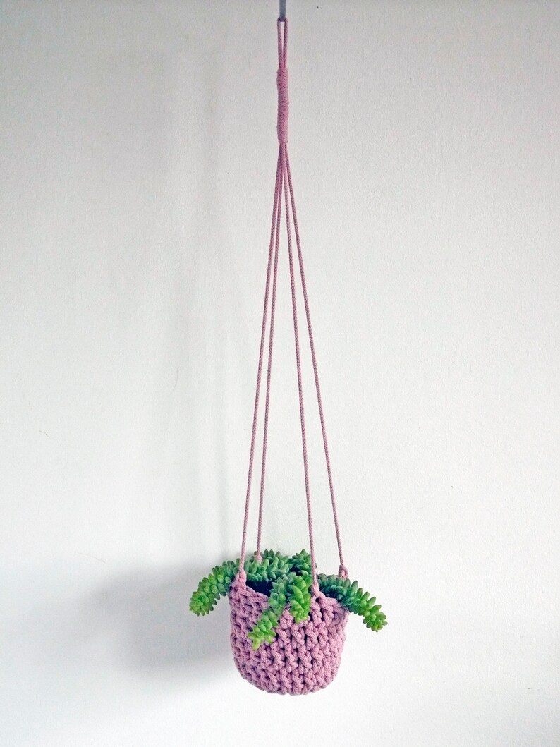 rope hanging planter, houseplant pot holder, wall hung planter, ceiling hung hanging basket, dusty pink, eco hanging planter, modern crochet image 2