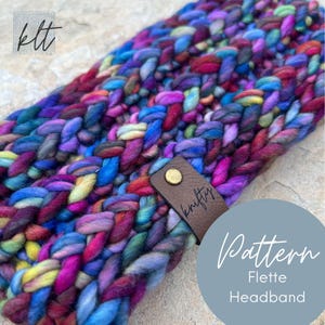 May include: A chunky knit headband in a vibrant mix of colors including purple, blue, and pink. The headband features a braided design and a small leather tag with the word "knifty" on it. The text "Pattern Flette Headband" is also visible.
