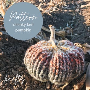 May include: A chunky knit pumpkin in shades of brown, orange, and white. The pumpkin is sitting on a bed of dry leaves and dirt. The text "Pattern chunky knit pumpkin" is written on a blue circle in the top left corner of the image.