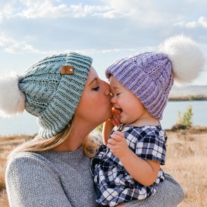 knit beanie pattern, multi-size beanie, mommy and me hat instructions, cable knit double brim hat, classic knit hat for anyone, gift toque image 7