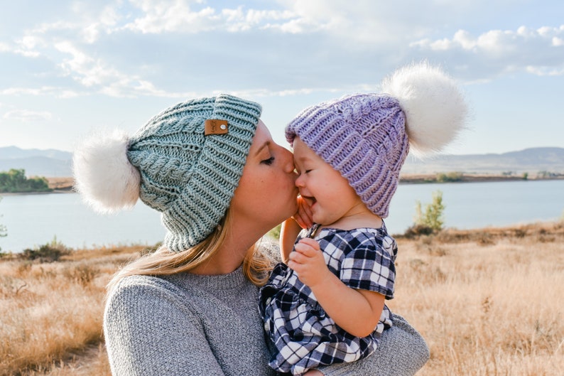 knit beanie pattern, multi-size beanie, mommy and me hat instructions, cable knit double brim hat, classic knit hat for anyone, gift toque image 7