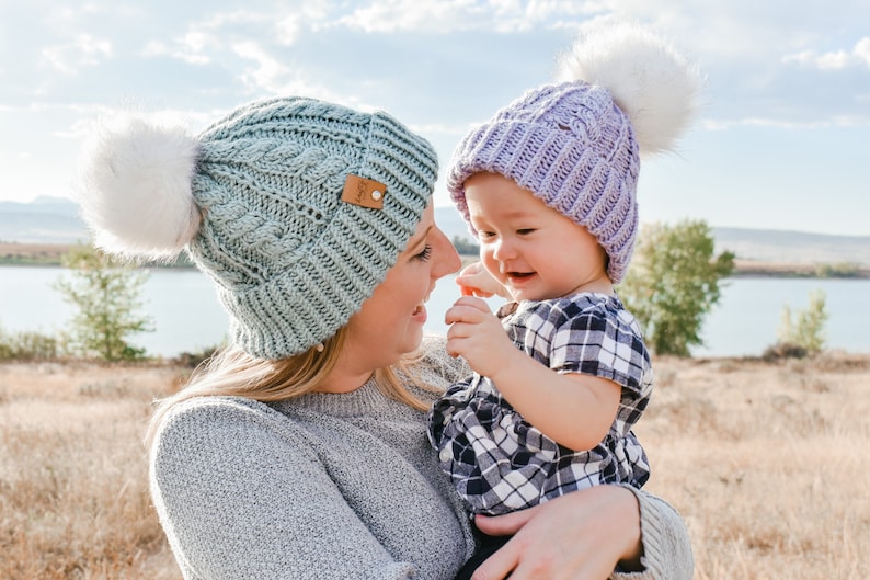 knit beanie pattern, multi-size beanie, mommy and me hat instructions, cable knit double brim hat, classic knit hat for anyone, gift toque image 2