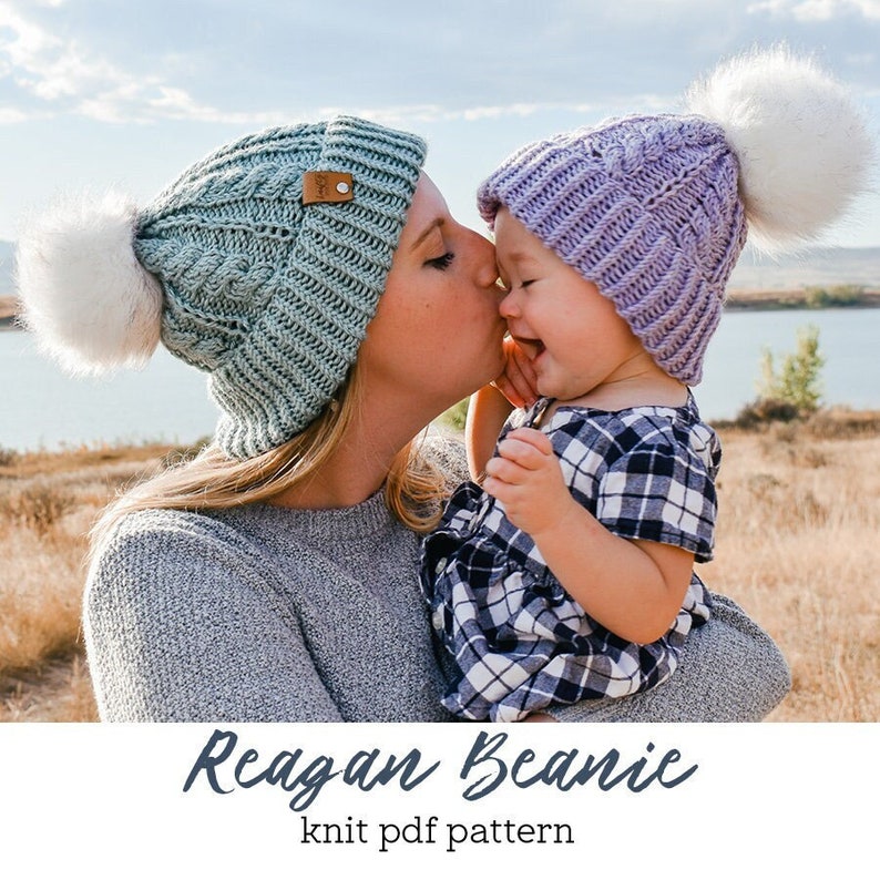 knit beanie pattern, multi-size beanie, mommy and me hat instructions, cable knit double brim hat, classic knit hat for anyone, gift toque image 1