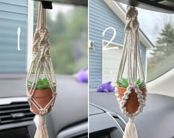 Rearview Mirror Macrame Plant Hanger, Pot and Fake Succulent Included! Car decor | Boho decor | Fiber Art | Car Accessory | Stocking Stuffer