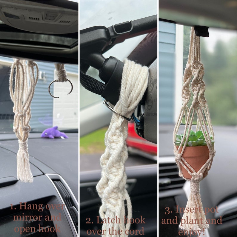 Rearview Mirror Macrame Plant Hanger Pot and Fake Succulent Etsy