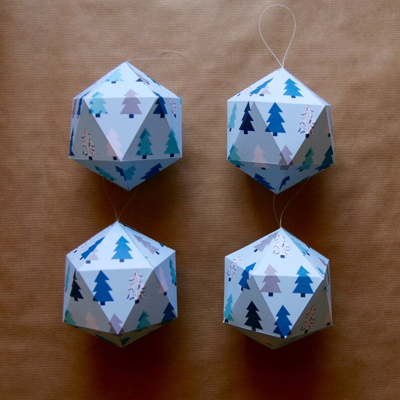 4 Boules De Noël En Papier Motif Sapins Bleus
