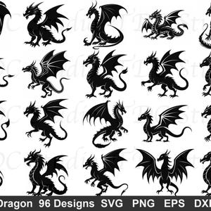 Puede incluir: Una colección de 20 siluetas negras de dragones en varias poses y diseños de alas. La imagen incluye el texto "Dragon 96 Designs SVG PNG EPS DXF", indicando archivos de diseño digital.