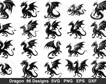 Paquete de archivos SVG de dragones / 96 siluetas de dragones de fantasía / Imágenes prediseñadas de criaturas míticas / Archivos de corte para Cricut y Silhouette / PNG, EPS, DXF para uso comercial