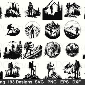 May include: A collection of black and white hiking-themed designs. Silhouettes of people with backpacks and hiking poles are shown in various mountain settings. The designs include mountains, trees, and hikers, suitable for outdoor enthusiasts.