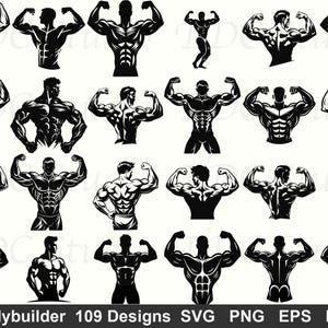 Peut inclure: Ensemble d'illustrations en noir et blanc de bodybuilders en pleine démonstration de leurs muscles. Les images présentent différentes poses et angles, mettant en valeur les physiques musclés. Le texte en bas indique "Bodybuilder 109 Designs SVG PNG EPS DXF".