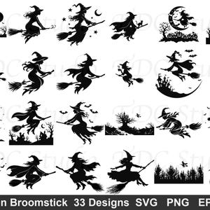 Peut inclure: Un ensemble de 33 silhouettes graphiques noires représentant des sorcières sur des balais, des châteaux hantés, des croissants de lune, des chauves-souris et des arbres effrayants. Le texte en bas indique Witch On Broomstick 33 Designs SVG PNG EPS DXF.