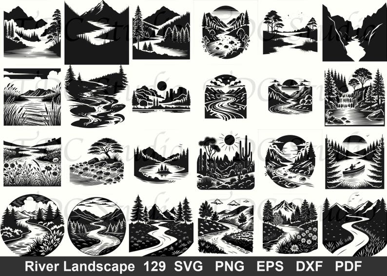 129 Nature Scenes SVG Clipart Bundle | Rivers Mountains Lakes Landscape ...