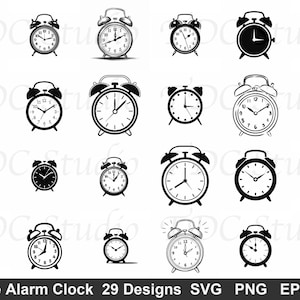 May include: A collection of 29 vintage alarm clock designs in black and white. The clocks vary in style, with classic bell-top designs and simple round faces. The image includes the text "Vintage Alarm Clock 29 Designs SVG PNG EPS DXF".