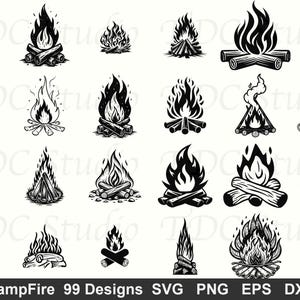 May include: A collection of 20 black and white campfire designs. Each design features a unique illustration of flames and burning logs. The image includes the text "CampFire 99 Designs SVG PNG EPS DXF" at the bottom.