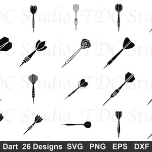 Puede incluir: Una colección de veintiséis iconos de silueta negra de dardos, cada uno con formas de barril, plumas y puntas distintas. El conjunto gráfico incluye varias orientaciones y diseños, etiquetados con el texto Dart 26 Designs SVG PNG EPS DXF.