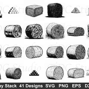Könnte beinhalten: Schwarz-Weiß-Illustrationen von Heuballen und -stapeln in verschiedenen Formen und Größen. Das Bild enthält einen Bauern und den Text "Hay Stack 41 Designs SVG PNG EPS DXF".