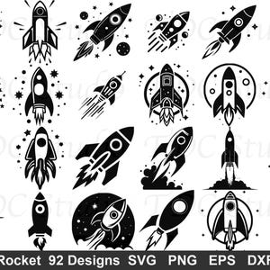 ロケット SVG バンドル、宇宙船シルエット カットファイル (92 デザイン) (デジタルダウンロード)