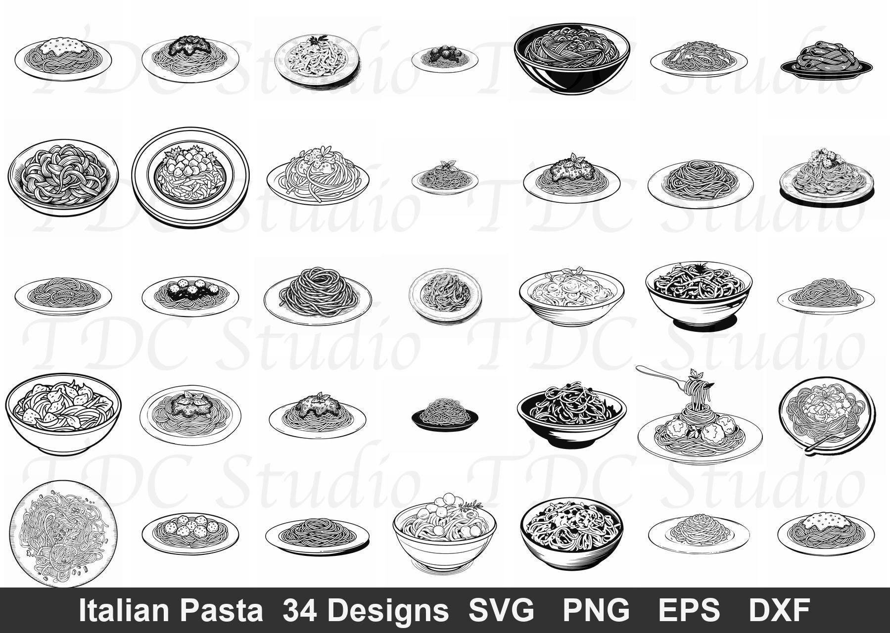 Basic Pasta Svg 34 Italian Pasta SVG Bundle – Spaghetti, Meatball, Fettuccine Designs ...